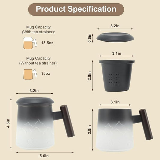 Tea Cup with Infuser, 13.5oz Ceramic Tea Infuser Mug with Wood Handle and Cup Lid, Tea Strainer Cup for Loose Leaf Steeping, Black&White
