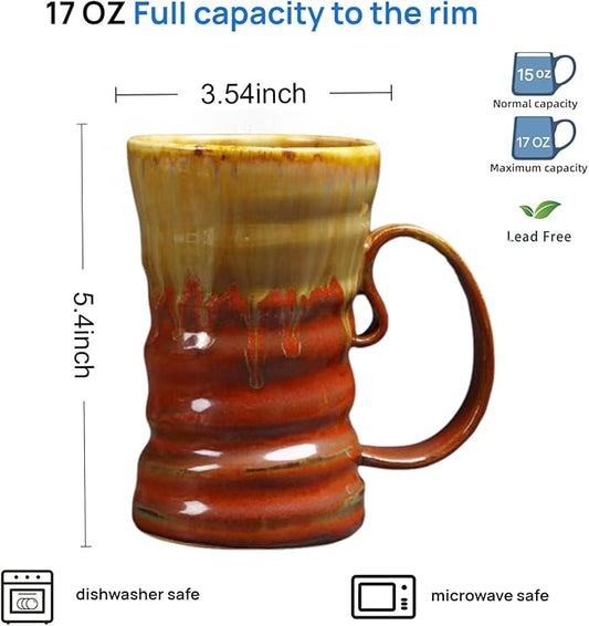 17oz Large Unique Cool Tall Handmade Ceramic Coffee Mug with Comfortable Big handle, Big Pottery Tea Mug, Artisanal Stoneware Coffee cup, Rustic Lead-free Tea Cups, Microwave safe Coffee Cup