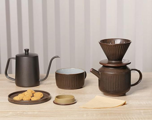 Pottery Pour Over Coffee Maker, Ceramic Cone Filter Hand Drip Coffee Dripper, Reusable Stoneware Pourover Coffee Brewer, Size 02 (Rustic Chocolate Brown)