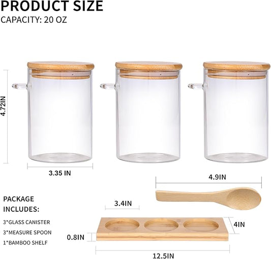 Glass Spice Storage Container with Spoon, 3PCS 20oz Airtight Sealed Condiment Jar with Tray, Kitchen Pantry Seasoning Canister Set for Salt Coffee Sugar Tea & Bathroom Cotton Swab Ball