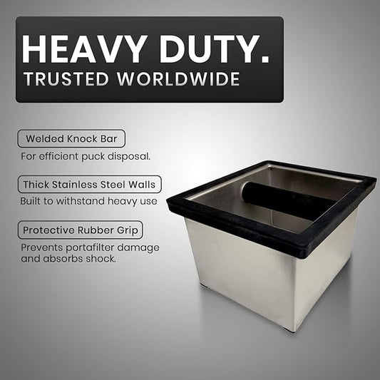 Rattleware Heavy-Duty Stainless Steel Knock Box Espresso Puck Disposal with Welded Bar Splash Guard, Ideal for Home, Cafe, Restaurant, Hotel, Coffee Bar, or Espresso Station (6" x 5.5" x 4")