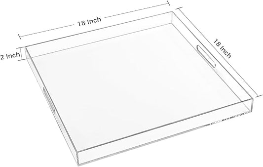 18×18 Inch Clear Acrylic Serving Tray with Handles Extra Large Ottoman Tray Decorative Tray Spill-Proof Coffee Table Space Saver Oversize Counter top Organizer Platter with Safe Edge