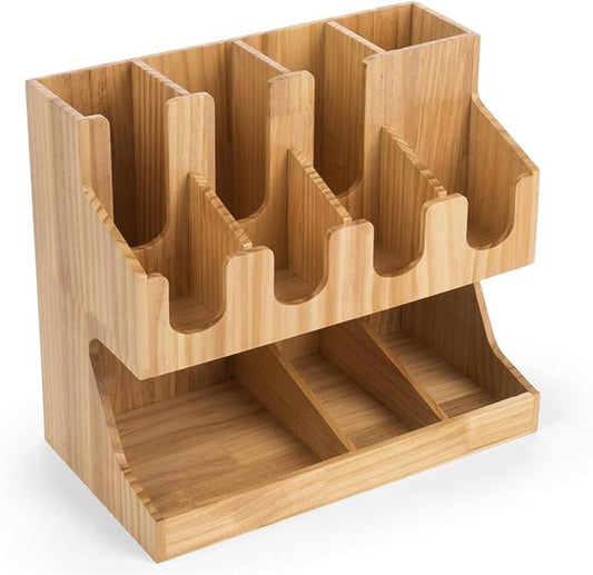 Displays2go Café Coffee Supply Station, 11 Compartments – Pine (FSWDCOT11)