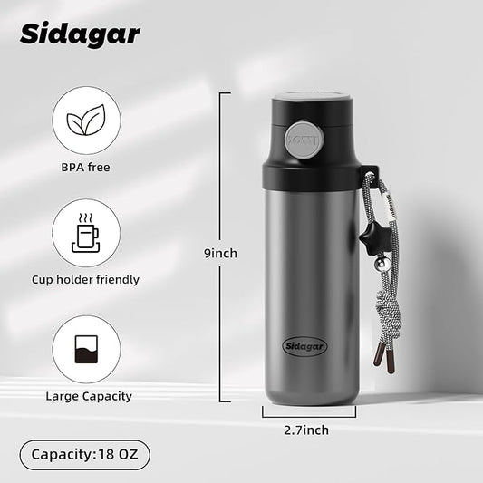 18 oz Insulated Water Bottle, Stainless Steel Travel Mug with Lid, Double Wall Vacuum Sports Water Bottle, BPA Free, Leak-Proof, Fits in Car Cup Holder, Great for Men Kid School, Black