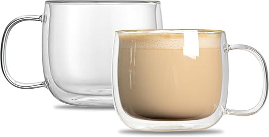 Restaurantware Glass Espresso Cups 12 Count 17 Ounces Borosilicate Double Wall Glass Coffee Mugs Insulated Clear Tea Drinkware for Hot or Cold Beverages