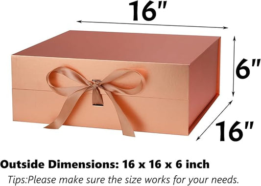 OEMVALATY Rose Gold Gift Box,16x16x6 Inches Gift Boxes with Lids for Presents with Magnetic Closure and Ribbon for Wedding,Storage,Birthday(3-Pack)