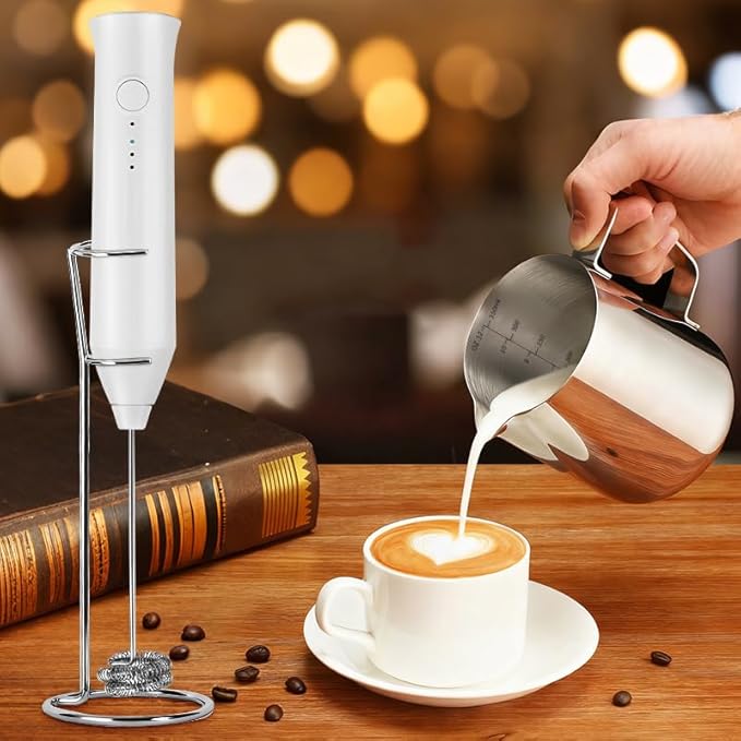 Powerful Milk Frother - Electric Handheld Milk Frother with Stand, Milk Jug and 2 Stainless Steel Blenders, Rechargeable 3 Speed Coffee Latte Cappuccino Matcha (White)