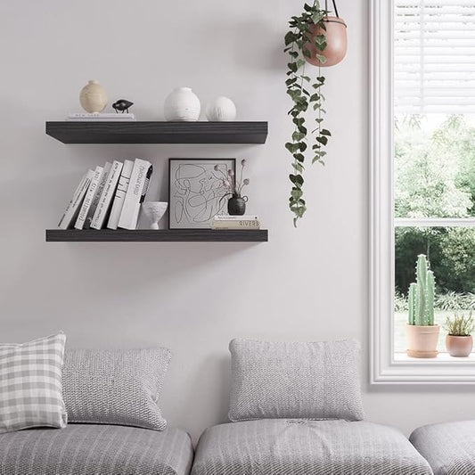 Floating Shelf, Set of 2 Wall Shelf, 24 in W x 12.75 in D x 2 in H Wooden Floating Wall Shelf with Invisible Brackets for Living Room/Bedroom/Bathroom/Kitchen Storage and Decor, Black Wood
