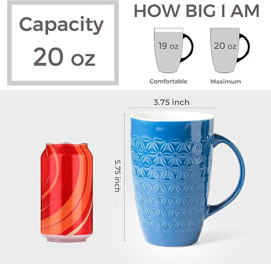 AmorArc Extra Large Coffee Mugs Set of 6, 20oz Ceramic Tall Coffee Mugs Set with Textured Geometric Patterns for Latte/Tea/Beer/Hot Cocoa, Dishwasher & Microwave Safe, Blue
