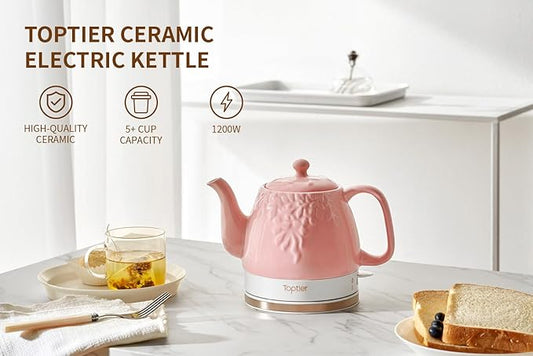 Toptier Electric Ceramic Tea Kettle, Boil Water Quickly and Easily, Detachable Swivel Base & Boil Dry Protection, Carefree Auto Shut Off, 1 L (1 LITER, Light Pink)