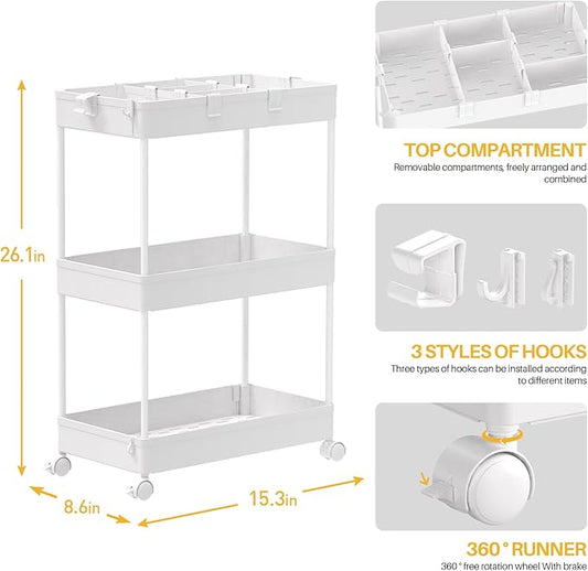 SPACELEAD 3 Tier Rolling Cart with Wheels, Storage Craft Art Trolley Organizer Serving, 3 Hanging Baskets Easy Assembly, for Office, Bathroom,Living Room, Kitchen, White