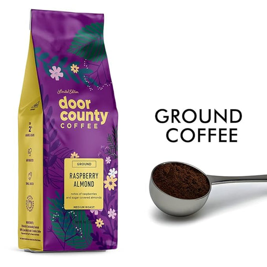 Door County Coffee Raspberry Almond, Flavored Coffee Ground - 8 oz Bag - Spring-Summer Seasonal - Medium Roast - 100% Specialty Arabica - Raspberry, Sugar Coated Almonds Flavored