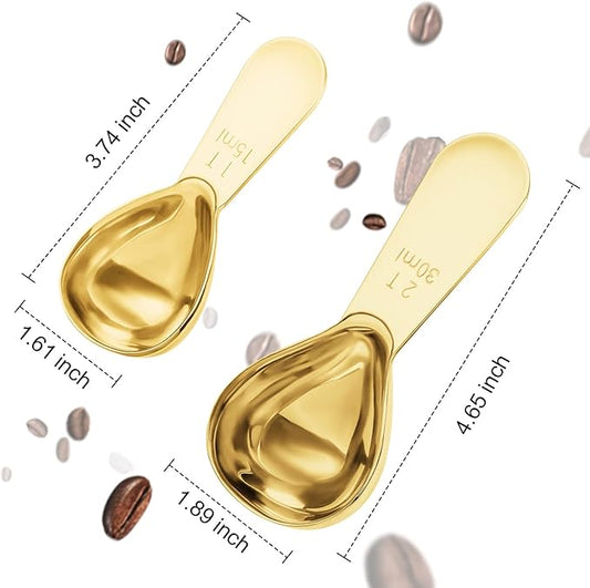 Stainless steel coffee scoop 2-piece set (1 tbsp, 2 tbsp) durable Tablespoon, ergonomic measuring spoon, Suitable for small and large jars,short-handled spoon (Gold)