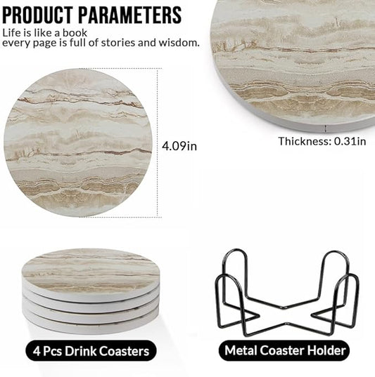 Ceramic Coasters Set of 6, Marble-Textured Design with Holder - Absorbent Cork-Backed Coasters for Cups, Bar & Coffee Table Decor Accessories (Khaki Marble, 4 Pack)