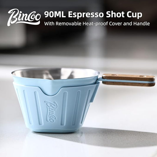 Espresso Shot Cup with Dual Spout - Espresso Measuring Cup with Wood Handle and Anti-Scald Cover, Stainless Steel Espresso Pouring Cup for Home & Cafe Use, 90ML/3oz