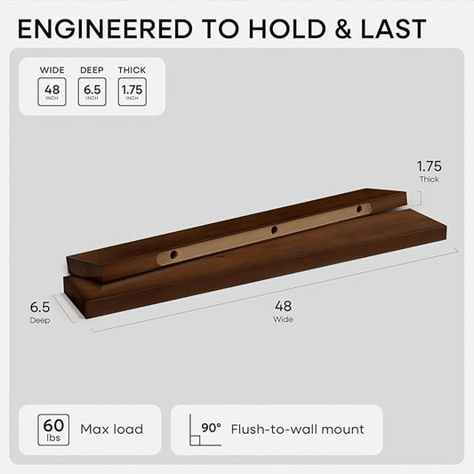 Homeforia 48 inch Walnut Floating Shelf, High End Solid Real Wood Large 48inch Floating Shelves for Wall, Dark Brown 48 inches Long Floating Shelves, Heavy Duty Bracket, 48 X 6.5 X 1.75 inch, Set of 2