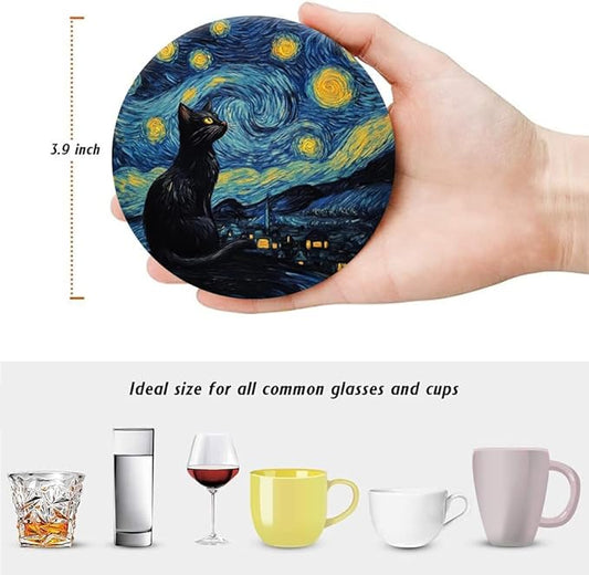 Drink Coasters for Drinks Set of 6, Art and Black Cat Absorbent Round Ceramic Stone Mat Coaster, with Cork Base and Metal Holder, Home Bar Decor House Warming Gift