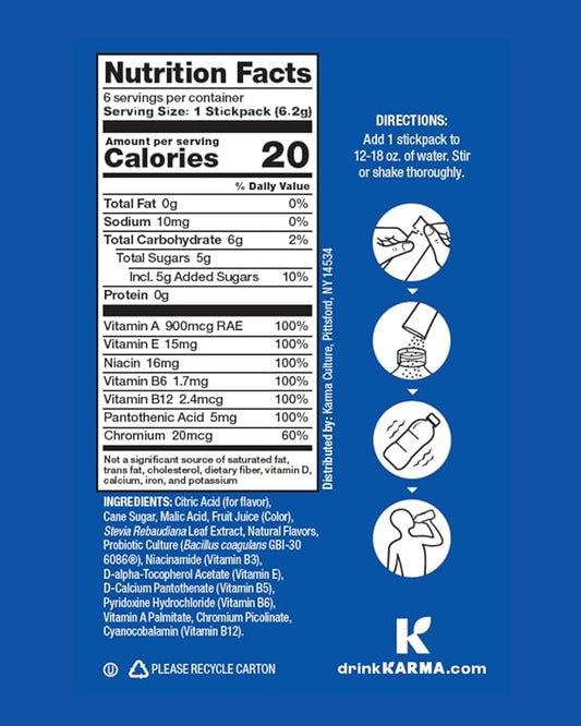 Karma Probiotic Hydration Packet - 6 Pack, Blueberry Lemonade Powder Drink Mix Stick - On-The-Go Immune & Gut Health Support