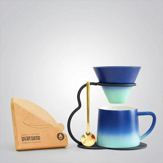 Pour Over Coffee Maker set,Ceramic Coffee Maker With V60 40 pcs Paper Filter,Metal Stand 9oz 270ml mug Pour Over Coffee Dripper blue