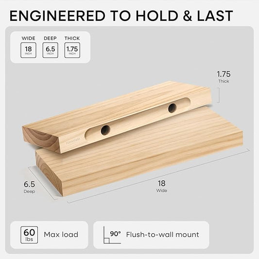 Homeforia 18 inch Natural Floating Shelf, High End Solid Real Wood 18inch Small Floating Shelves for Wall Mounted, Natural Wooden Floating Shelves, Heavy Duty Bracket, 18 X 6.5 X 1.75 in, Set of 2