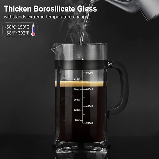 QUQIYSO French Press Coffee Maker 304 Stainless Steel French Press with 4 Filter, Heat Resistant Durable, Easy to Clean, Borosilicate Glass Coffee Press, 100% BPA Free Glass Teapot,34 ounce, Black