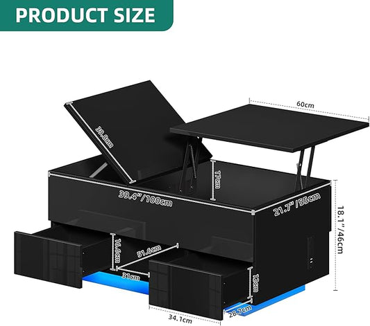 YITAHOME LED Lift Top Coffee Tables for Living Room with Power Outlets Charging Station, Modern Coffee Table with Storage 2 Drawers & Open Shelfs Rectangular Small Center Cocktail Table, Glossy Black