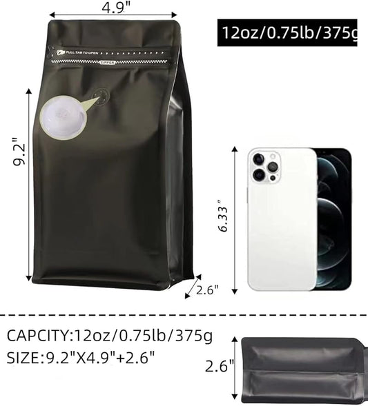 Coffee Bags with Valve(12 oz,3/4 lb,50pcs) Black High Barrier Aluminumed Foil Flat Bottom Heat Sealed Coffee Beans Packaging Bags Side Zipper Resealable Bags for Home or Business