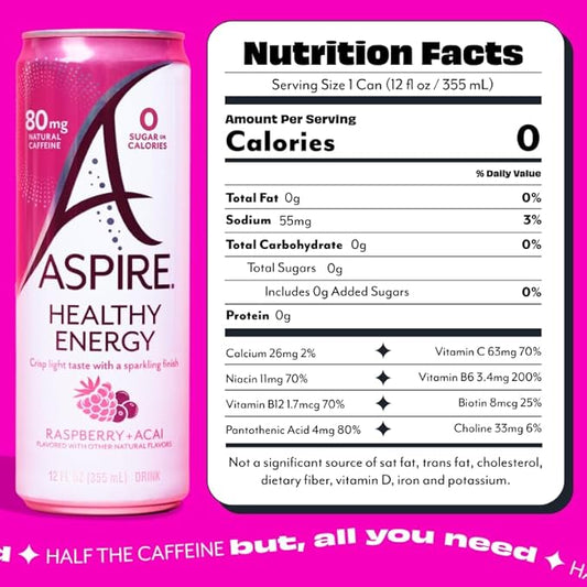 ASPIRE® Raspberry Acai, Healthy Energy Drink 80mg Natural Caffeine, Zero Sugar No Carbs Keto Friendly, 24 Pack Green Tea Sugar Free Drink Low Caffeine Zero Calorie