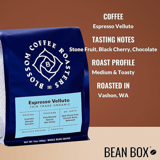 Espresso Velluto - Roasted by Blossom Coffee Roasters - Freshly Ground Coffee - 12 Ounce Bag