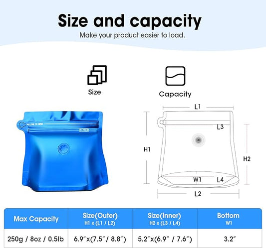 8oz 1/2 lb 60pcs Coffee Bags with Valve,Vented Coffee Bag Packing Food Store Bags Coffee Packaging Stand-up Coffee Storage Pouches Diamond Shaped Need to Use Heat Sealing Machine(Blue)