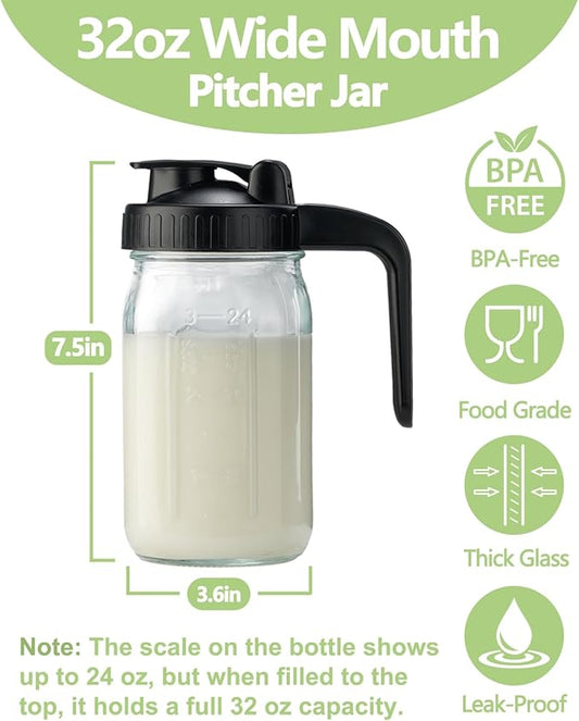 32oz Glass Pitcher with Lid & V-shaped Pour Spout - 1 Quart Breastmilk Pitcher Double Leak Proof, Creamer Container for Sun Tea, Juice, Cold Brew Coffee, Breastmilk Storage Container