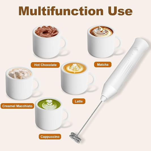 Rechargeable Milk Frother Handheld, Electric Frother Wand with 2 Stainless Stee Whisks & 3 Speeds,Drink Mixer Handheld for Coffee, Latte, Cappuccino, Matcha, Protein Shakes-White