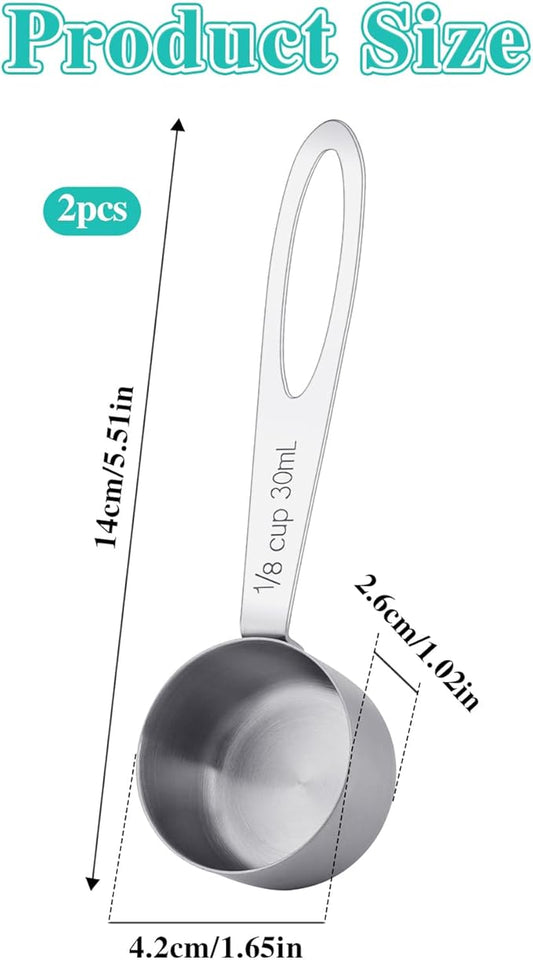 2Pcs 1/8 Cup Measuring Cup, 30ml Scoop, Stainless Steel Measuring Cups, Coffee Scoops, Measuring Scoops Tablespoon Measure Spoon, Long Handle Cooking Measuring Scoop(30ML)
