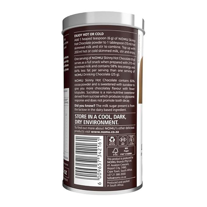 NOMU Skinny 60% Cocoa Hot Chocolate, 33 Servings, No Sugar Added, 20 Calories, Rich Chocolate Flavor, Keto-Friendly, High Protein