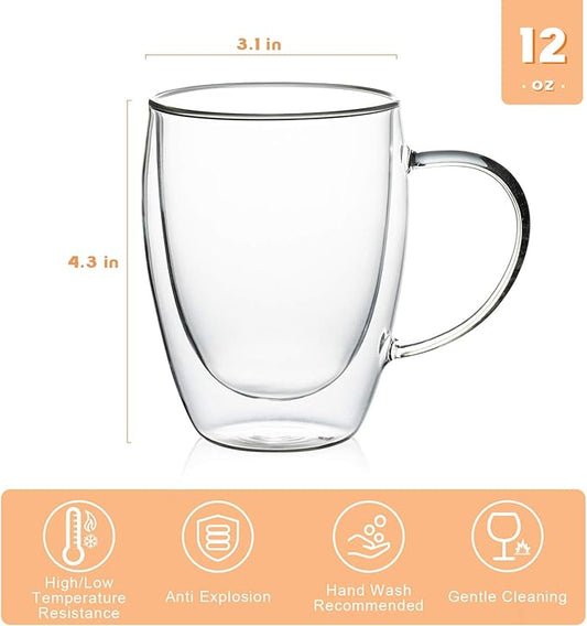 MEWAY 12oz/6 pack Coffee Mugs,Clear Glass Double Wall Cup with handle for Coffee, Tea, Latte, Cappuccino (12 oz,6)