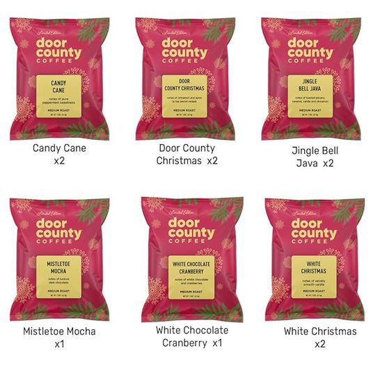 Gourmet Flavored Holiday Coffee Sampler Pack - 10 Bags of Unique Flavored Coffees – 100% Specialty Grade 1 Arabica -1.5 oz Full-Pot Bags - Roasted by Door County Coffee