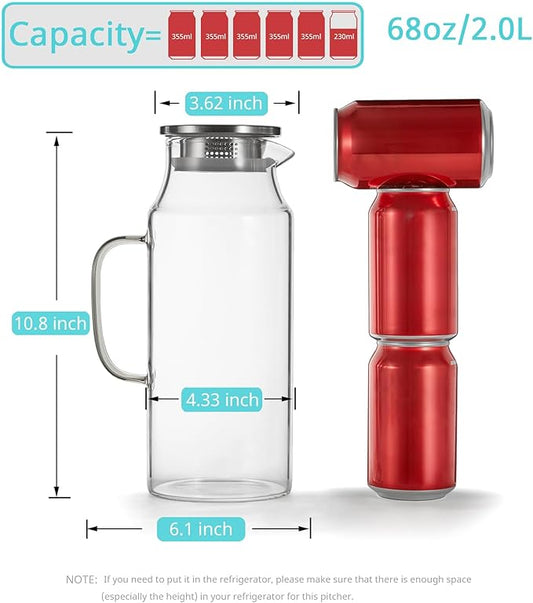 Bivvclaz 3 Pack 2 Liter 68 oz 2.1 Qt Glass Pitcher with Lid and Handle, Water Pitcher for Fridge, Glass Carafe for Hot/Cold Water, Large Iced Tea Pitcher for Coffee, Juice and Homemade Beverage