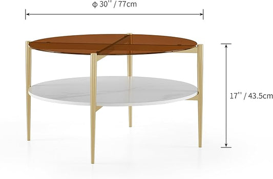 Shrine Modern Coffee Table with Glass Top, Round Table for Living Room, Two-Tier 30-Inch White Wooden Storage Coffee Table, Gold Table Legs Structure & Brown Glass Top