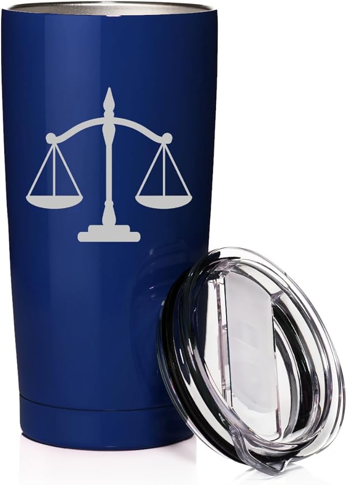 Smooth Body Tumbler Stainless Steel Vacuum Insulated Travel Mug Cup Gift Scales of Justice Lawyer Paralegal Judge (Blue, 20 oz)