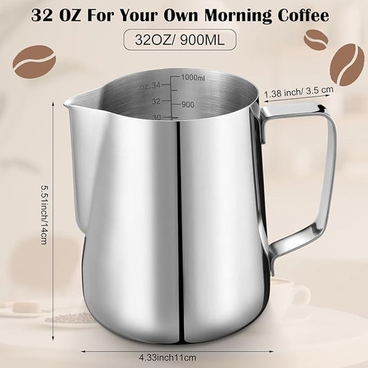 Honeydak 4 Pcs Milk Frothing Pitcher 304 Stainless Steel Steaming Pitchers for Coffee Bar Cappuccino Barista Tools Milk Jug Steamer Frother Cup (30 oz)