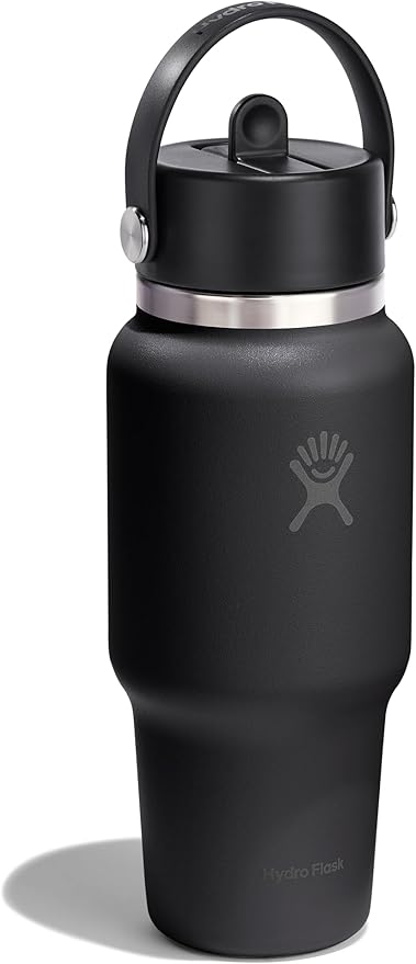 Hydro Flask Travel Water Bottle - Insulated Stainless Steel - Wide Straw Lid, Non Spill, Leakproof in 24 Oz Tonal Black