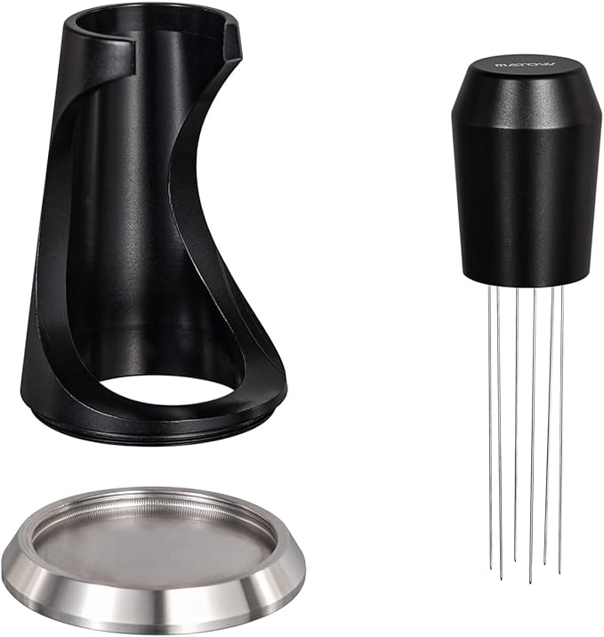 WDT Espresso Distribution Tool, MATOW 6 Prongs Coffee Needle Distribution Tool with Stand - Needle Espresso Distribution Stirrer - 0.4mm Thick Wires - Anodized Aluminum Handle and Stand