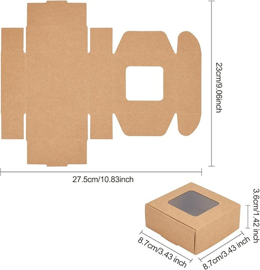 BENECREAT 28 Packs Kraft Paper Box with Clear Windows, 3.4x3.4x1.4Inches Paper Gift Box for Party Favor Treats Bakery, Festival Gift Packaging