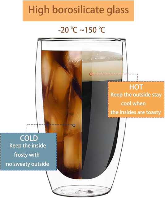 Set of 2 Double Wall Glass Coffee Mugs (15oz) - Insulated Clear Borosilicate Glass Cups for Latte, Cappuccino, Tea, and Espresso - Heat Resistant Glassware Gift for Christmas & Birthday