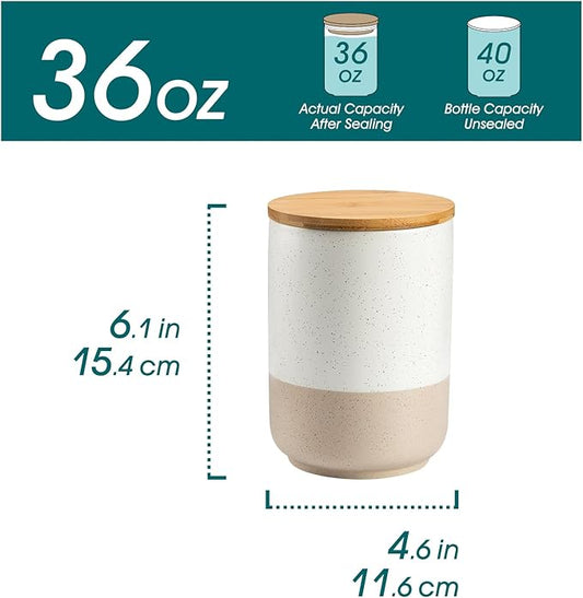 vancasso Sabine Ceramic Canister with Airtight Wood Lid - 36 oz Kitchen Storage Container for Coffee, Tea, Sugar, Nuts & Spices - Medium Countertop Jar