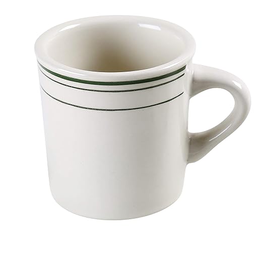 Yanco GB-38 Green Band Coffee/Tea Mug, 8 oz Capacity, 3 .25" Diameter, 3" Height, China, American White Color, Pack of 36