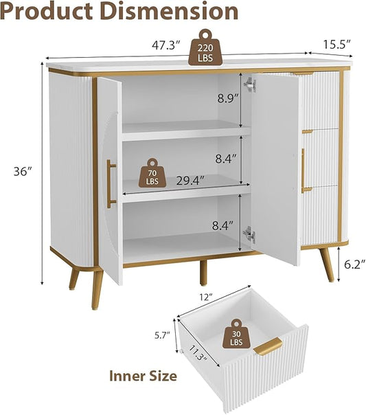 47.3" Modern Buffet Cabinet with Storage, Kitchen Sideboard Buffet with 2 Door & 3 Drawers, Fluted Caffee Bar Storage Cabinet for Dining Room, Living Room, Entryway, White