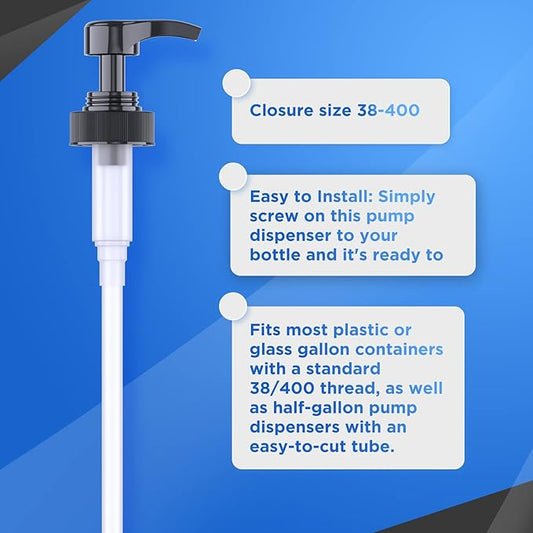 Gallon Pump Dispenser for Gallon Glass Jugs or Plastic Bottles - Compatible with Listerine Pump 1-1.5L Bottle Heavy-Duty for Snow Cone Syrup, Soap, Condiments, Detergent - Pack of 2 Black Pumps