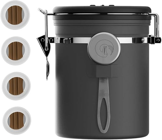 Coffee Gator Stainless Steel Canister - Medium 16oz, Gray Coffee Grounds and Beans Container with Date-Tracker, CO2-Release Valve, and Measuring Scoop - Ideal Coffee Lovers Gifts