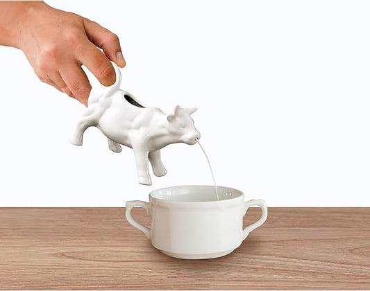 HIC Kitchen Cow Creamer with Handle, Fine Porcelain, 6-Ounce, for Serving Milk, Cream, Syrup, Dressings, and Sauces